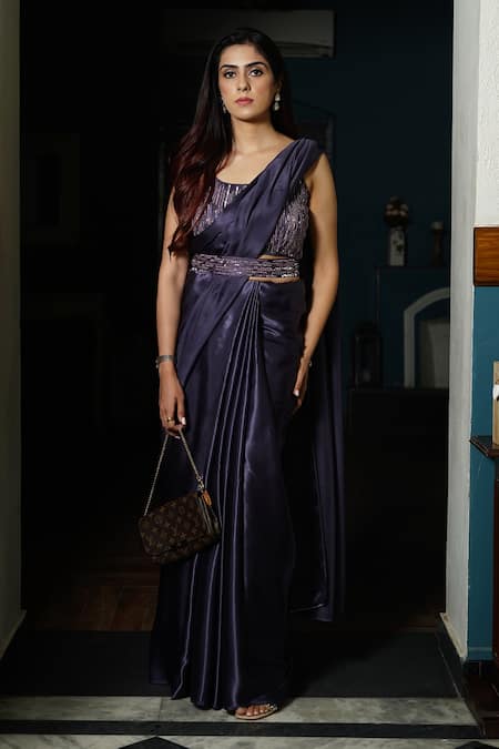 Kyra By Nina + Deepika Silk Satin Saree With Embroidered Blouse 