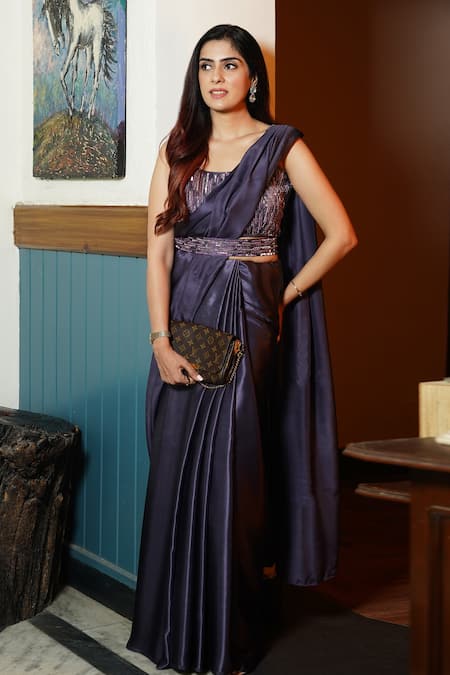 Buy_Kyra By Nina + Deepika_Purple Silk Satin Sequins, Embroidery Round Neck Saree With Blouse _Online_at_Aza_Fashions