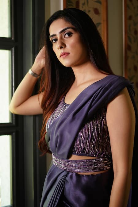 Shop_Kyra By Nina + Deepika_Purple Silk Satin Sequins, Embroidery Round Neck Saree With Blouse _Online_at_Aza_Fashions