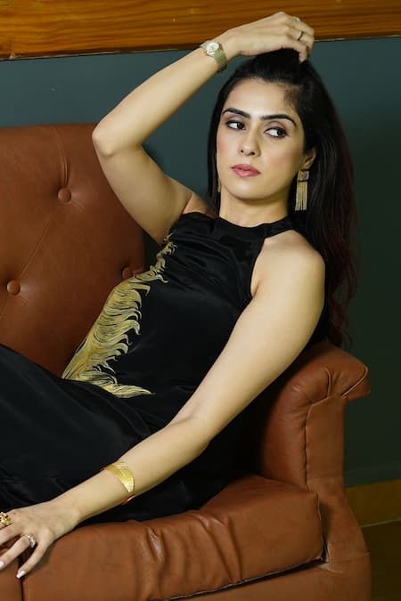 Kyra By Nina + Deepika_Black Crepe Embroidery Halter Neck Gown With Feather Detailing _Online_at_Aza_Fashions
