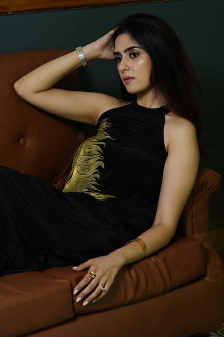 Buy_Kyra By Nina + Deepika_Black Crepe Embroidery Halter Neck Gown With Feather Detailing _Online_at_Aza_Fashions