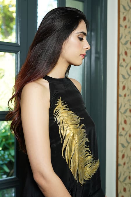 Kyra By Nina + Deepika_Black Crepe Embroidery Halter Neck Gown With Feather Detailing _at_Aza_Fashions