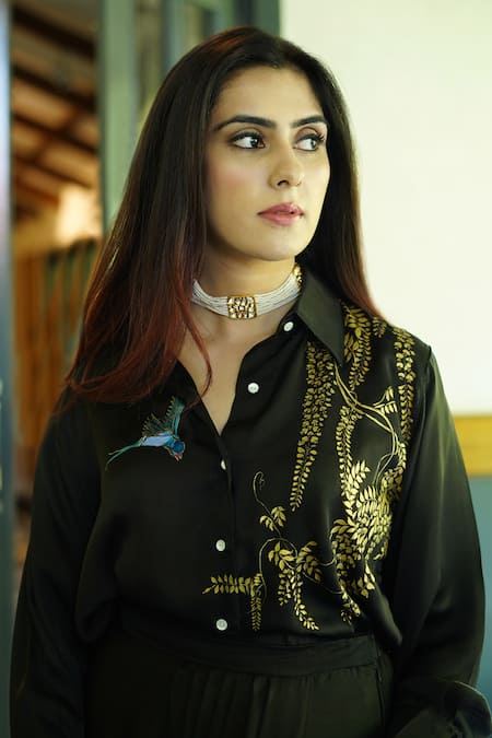 Kyra By Nina + Deepika_Black Modal, Satin Embroidery Shawl Neck Handpainted Shirt And Draped Skirt Set _at_Aza_Fashions