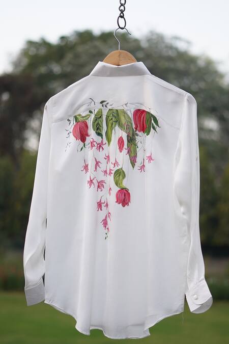 Kyra By Nina + Deepika_White Modal, Satin Embroidery Collared Hummingbird Handpainted Shirt _Online_at_Aza_Fashions