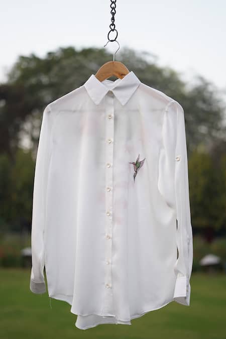 Buy_Kyra By Nina + Deepika_White Modal, Satin Embroidery Collared Hummingbird Handpainted Shirt _Online_at_Aza_Fashions