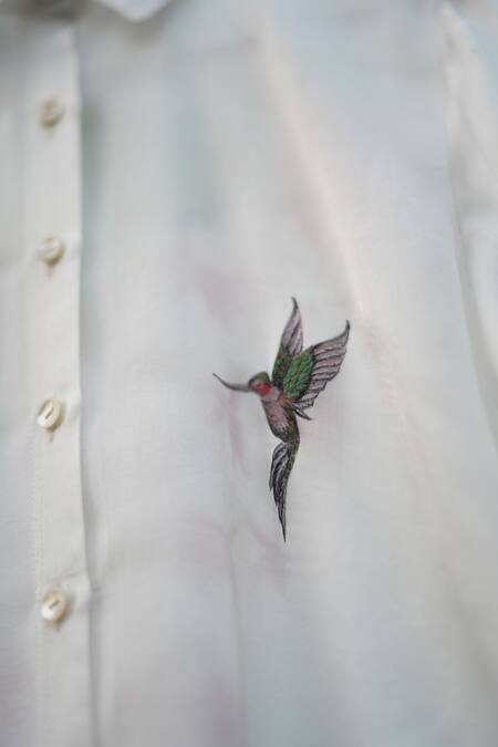 Shop_Kyra By Nina + Deepika_White Modal, Satin Embroidery Collared Hummingbird Handpainted Shirt _Online_at_Aza_Fashions