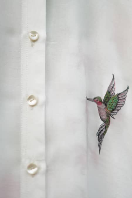 Kyra By Nina + Deepika_White Modal, Satin Embroidery Collared Hummingbird Handpainted Shirt _at_Aza_Fashions