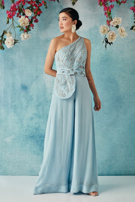 Siyona By Ankurita_Blue Semi Raw Silk Embroidered Sequin One-shoulder Jumpsuit With Belt _Online_at_Aza_Fashions