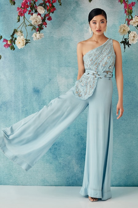 Buy_Siyona By Ankurita_Blue Semi Raw Silk Embroidered Sequin One-shoulder Jumpsuit With Belt _Online_at_Aza_Fashions