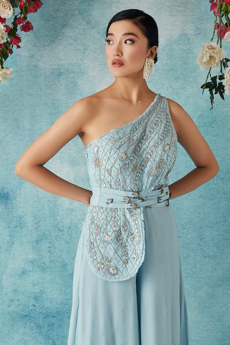 Shop_Siyona By Ankurita_Blue Semi Raw Silk Embroidered Sequin One-shoulder Jumpsuit With Belt _Online_at_Aza_Fashions