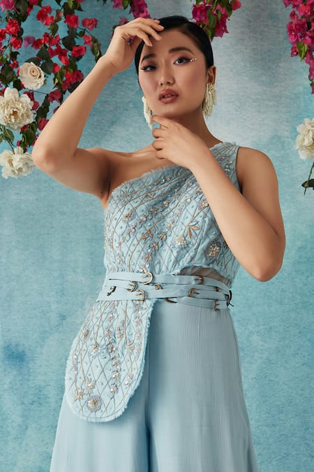Siyona By Ankurita_Blue Semi Raw Silk Embroidered Sequin One-shoulder Jumpsuit With Belt _at_Aza_Fashions
