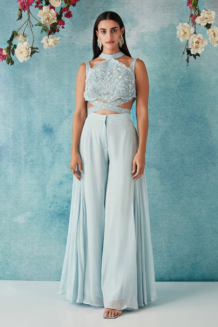 Siyona By Ankurita Blue Semi Raw Silk Embroidered Sequin Halter Blouse And Pant Set