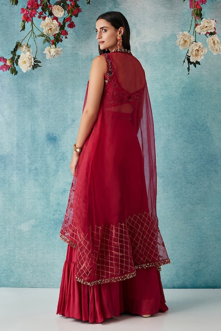 Shop Siyona By Ankurita Red Silk, Chiffon Sequins Asymmetric Embroidered Cape And Layered Sharara Set at Aza Fashions Shop_Siyona By Ankurita_Red Silk, Chiffon Sequins Asymmetric Embroidered Cape And Layered Sharara Set _at_Aza_Fashions