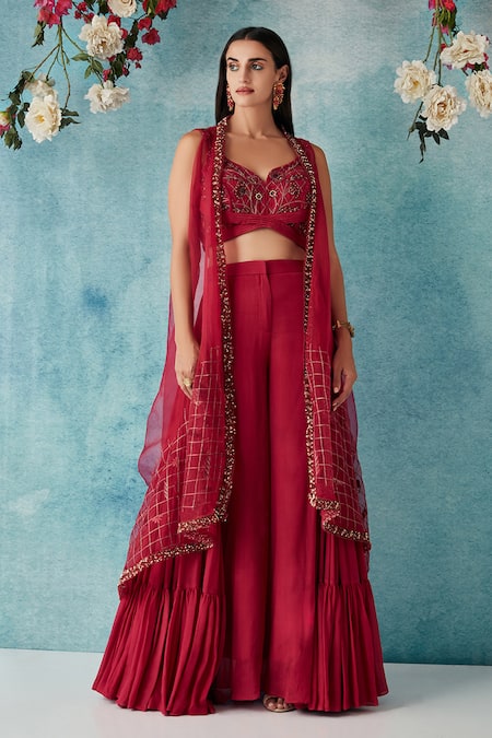 Siyona By Ankurita Red Silk, Chiffon Sequins Asymmetric Embroidered Cape And Layered Sharara Set Online at Aza Fashions Siyona By Ankurita_Red Silk, Chiffon Sequins Asymmetric Embroidered Cape And Layered Sharara Set _Online_at_Aza_Fashions