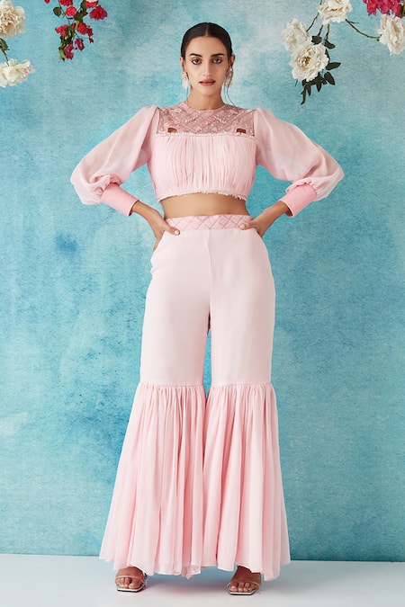 Siyona By Ankurita Pink Georgette Embroidered Round Hand Pleated Blouse And Pant Set