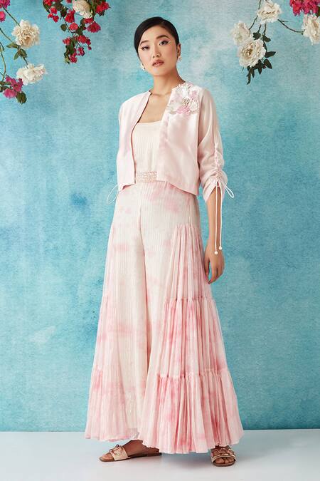 Siyona By Ankurita_Pink Jumpsuit Lurex Georgette Embroidered Botched Dye With Embellished Jacket _Online_at_Aza_Fashions
