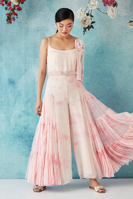 Buy_Siyona By Ankurita_Pink Jumpsuit Lurex Georgette Embroidered Botched Dye With Embellished Jacket _Online_at_Aza_Fashions