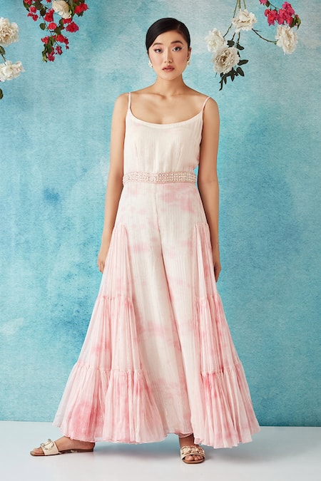 Shop_Siyona By Ankurita_Pink Jumpsuit Lurex Georgette Embroidered Botched Dye With Embellished Jacket _Online_at_Aza_Fashions