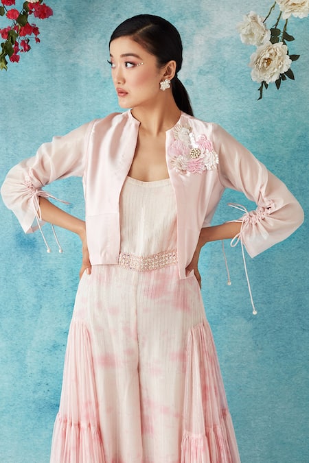 Siyona By Ankurita_Pink Jumpsuit Lurex Georgette Embroidered Botched Dye With Embellished Jacket _at_Aza_Fashions