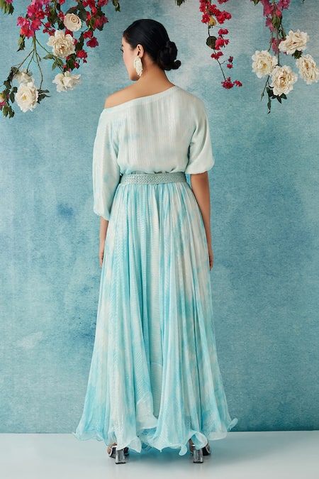 Siyona By Ankurita Embroidered One-Shoulder Gown & Potli Bag 
