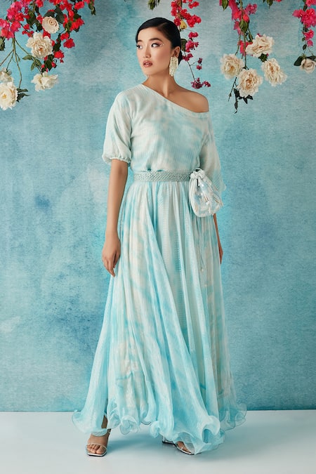 Siyona By Ankurita Blue Dress- Lurex Georgette Embroidered One-shoulder Gown And Potli Bag Online at Aza Fashions Siyona By Ankurita_Blue Dress- Lurex Georgette Embroidered One-shoulder Gown And Potli Bag _Online_at_Aza_Fashions