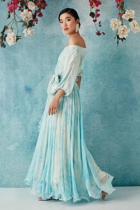 Buy Siyona By Ankurita Blue Dress- Lurex Georgette Embroidered One-shoulder Gown And Potli Bag Online at Aza Fashions Buy_Siyona By Ankurita_Blue Dress- Lurex Georgette Embroidered One-shoulder Gown And Potli Bag _Online_at_Aza_Fashions