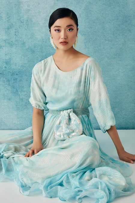 Shop Siyona By Ankurita Blue Dress- Lurex Georgette Embroidered One-shoulder Gown And Potli Bag Online at Aza Fashions Shop_Siyona By Ankurita_Blue Dress- Lurex Georgette Embroidered One-shoulder Gown And Potli Bag _Online_at_Aza_Fashions