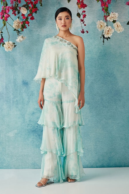 Siyona By Ankurita Green Lurex Georgette Embroidered One-shoulder Asymmetric Top And Sharara Set