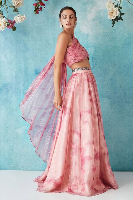 Siyona By Ankurita_Pink Lurex Georgette Embroidered Pleated Bustier And Botched Dye Lehenga Set _Online_at_Aza_Fashions