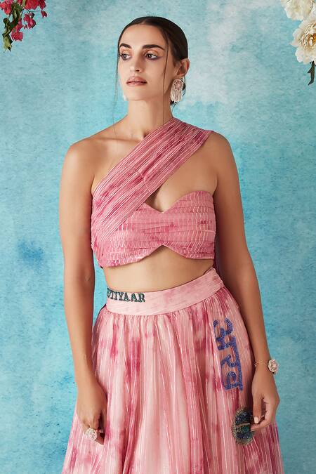 Buy_Siyona By Ankurita_Pink Lurex Georgette Embroidered Pleated Bustier And Botched Dye Lehenga Set _Online_at_Aza_Fashions