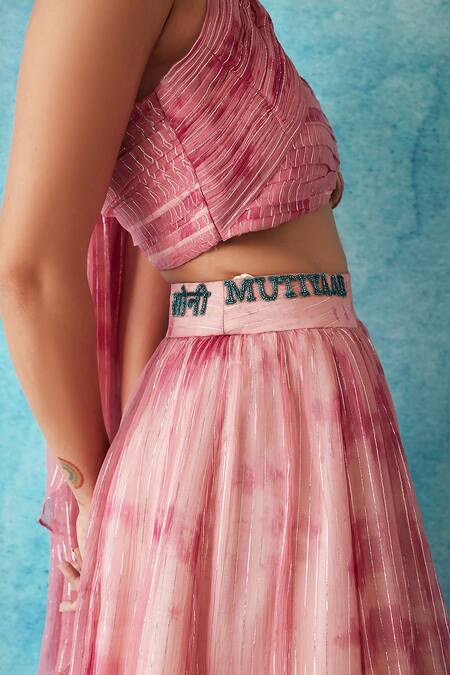 Shop_Siyona By Ankurita_Pink Lurex Georgette Embroidered Pleated Bustier And Botched Dye Lehenga Set _Online_at_Aza_Fashions