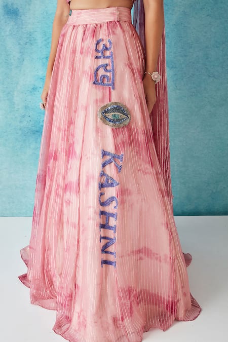 Siyona By Ankurita_Pink Lurex Georgette Embroidered Pleated Bustier And Botched Dye Lehenga Set _at_Aza_Fashions