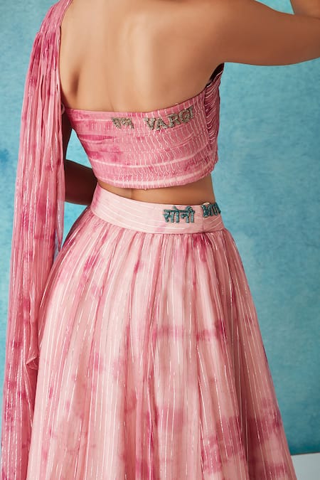 Buy_Siyona By Ankurita_Pink Lurex Georgette Embroidered Pleated Bustier And Botched Dye Lehenga Set 