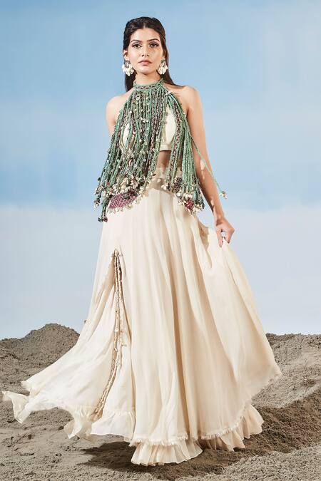Shop_Siyona By Ankurita_Ivory Lehenga  Georgette Hand Embroidered Shells Halter Bustier And Slit Set _Online_at_Aza_Fashions