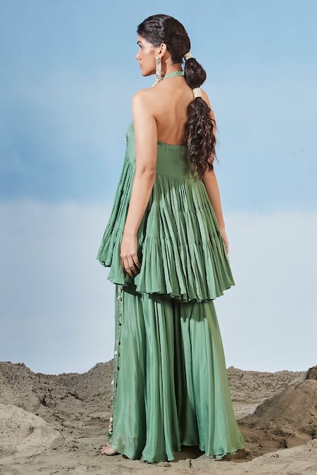 Shop Siyona By Ankurita Green Chinon Embroidered Sequins Halter Tiered Kurta And Gharara Set at Aza Fashions Shop_Siyona By Ankurita_Green Chinon Embroidered Sequins Halter Tiered Kurta And Gharara Set _at_Aza_Fashions
