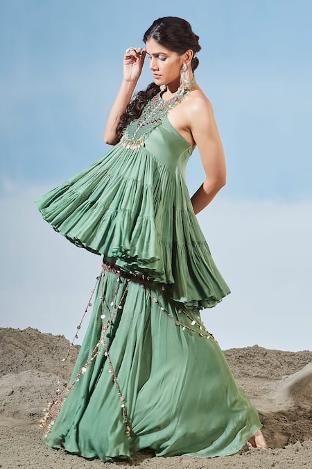 Siyona By Ankurita Green Chinon Embroidered Sequins Halter Tiered Kurta And Gharara Set Online at Aza Fashions Siyona By Ankurita_Green Chinon Embroidered Sequins Halter Tiered Kurta And Gharara Set _Online_at_Aza_Fashions