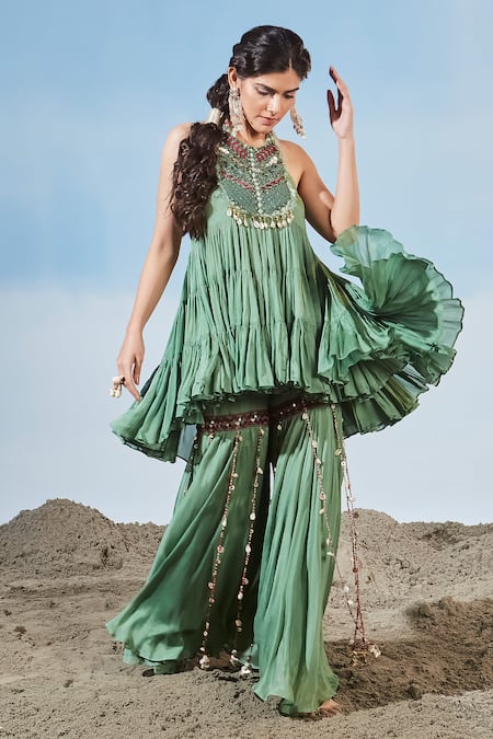 Buy Siyona By Ankurita Green Chinon Embroidered Sequins Halter Tiered Kurta And Gharara Set Online at Aza Fashions Buy_Siyona By Ankurita_Green Chinon Embroidered Sequins Halter Tiered Kurta And Gharara Set _Online_at_Aza_Fashions