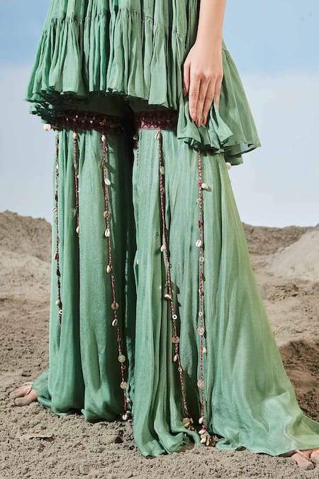 Shop Siyona By Ankurita Green Chinon Embroidered Sequins Halter Tiered Kurta And Gharara Set Online at Aza Fashions Shop_Siyona By Ankurita_Green Chinon Embroidered Sequins Halter Tiered Kurta And Gharara Set _Online_at_Aza_Fashions
