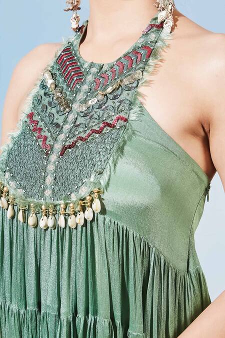 Siyona By Ankurita Green Chinon Embroidered Sequins Halter Tiered Kurta And Gharara Set at Aza Fashions Siyona By Ankurita_Green Chinon Embroidered Sequins Halter Tiered Kurta And Gharara Set _at_Aza_Fashions