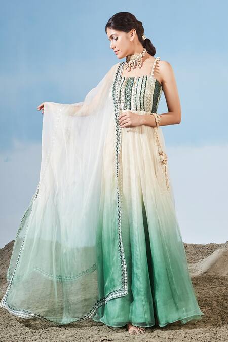 Siyona By Ankurita Green Organza Embroidered Sequins Square Neck Yoke Anarkali With Dupatta Online at Aza Fashions Siyona By Ankurita_Green Organza Embroidered Sequins Square Neck Yoke Anarkali With Dupatta _Online_at_Aza_Fashions