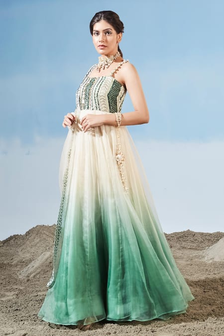 Buy Siyona By Ankurita Green Organza Embroidered Sequins Square Neck Yoke Anarkali With Dupatta Online at Aza Fashions Buy_Siyona By Ankurita_Green Organza Embroidered Sequins Square Neck Yoke Anarkali With Dupatta _Online_at_Aza_Fashions