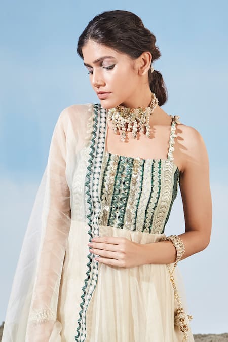 Shop Siyona By Ankurita Green Organza Embroidered Sequins Square Neck Yoke Anarkali With Dupatta Online at Aza Fashions Shop_Siyona By Ankurita_Green Organza Embroidered Sequins Square Neck Yoke Anarkali With Dupatta _Online_at_Aza_Fashions