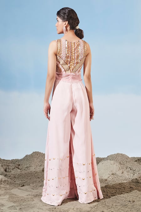 Shop Siyona By Ankurita Pink Semi Raw Silk Embroidered Sequins Square Neck Jumpsuit at Aza Fashions Shop_Siyona By Ankurita_Pink Semi Raw Silk Embroidered Sequins Square Neck Jumpsuit _at_Aza_Fashions