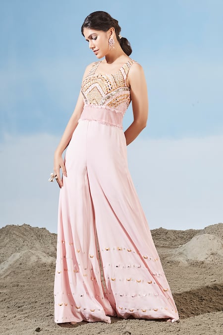 Siyona By Ankurita Pink Semi Raw Silk Embroidered Sequins Square Neck Jumpsuit Online at Aza Fashions Siyona By Ankurita_Pink Semi Raw Silk Embroidered Sequins Square Neck Jumpsuit _Online_at_Aza_Fashions