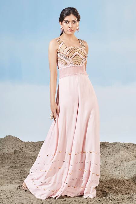 Buy Siyona By Ankurita Pink Semi Raw Silk Embroidered Sequins Square Neck Jumpsuit Online at Aza Fashions Buy_Siyona By Ankurita_Pink Semi Raw Silk Embroidered Sequins Square Neck Jumpsuit _Online_at_Aza_Fashions