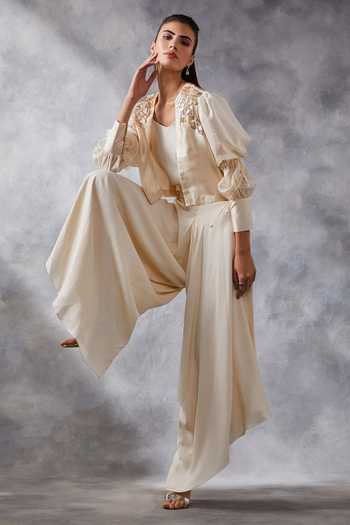 Siyona By Ankurita Ivory Satin, Silk Sequins, Embroidery V-, Open Jacket With Jumpsuit Online at Aza Fashions Siyona By Ankurita_Ivory Satin, Silk Sequins, Embroidery V-, Open Jacket With Jumpsuit _Online_at_Aza_Fashions
