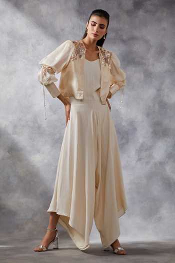 Buy Siyona By Ankurita Ivory Satin, Silk Sequins, Embroidery V-, Open Jacket With Jumpsuit Online at Aza Fashions Buy_Siyona By Ankurita_Ivory Satin, Silk Sequins, Embroidery V-, Open Jacket With Jumpsuit _Online_at_Aza_Fashions