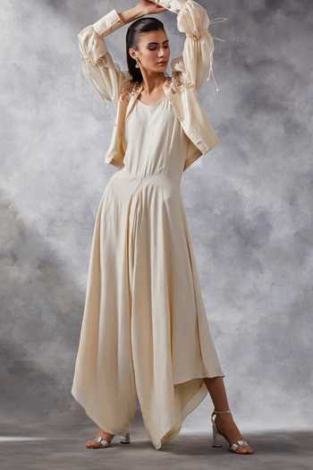 Shop Siyona By Ankurita Ivory Satin, Silk Sequins, Embroidery V-, Open Jacket With Jumpsuit Online at Aza Fashions Shop_Siyona By Ankurita_Ivory Satin, Silk Sequins, Embroidery V-, Open Jacket With Jumpsuit _Online_at_Aza_Fashions