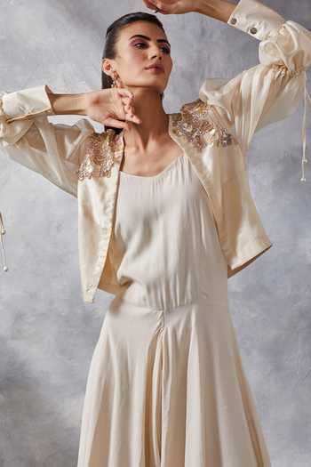 Siyona By Ankurita Ivory Satin, Silk Sequins, Embroidery V-, Open Jacket With Jumpsuit at Aza Fashions Siyona By Ankurita_Ivory Satin, Silk Sequins, Embroidery V-, Open Jacket With Jumpsuit _at_Aza_Fashions