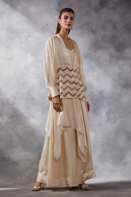 Siyona By Ankurita_Ivory Satin, Silk Sequins V-neck Embroidered Jacket Skirt Set _Online_at_Aza_Fashions